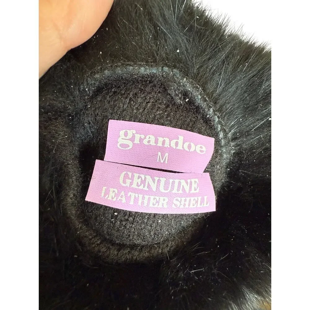 Grandoe Black Genuine Leather Gloves Faux Fur Cuff Winter Gloves Medium